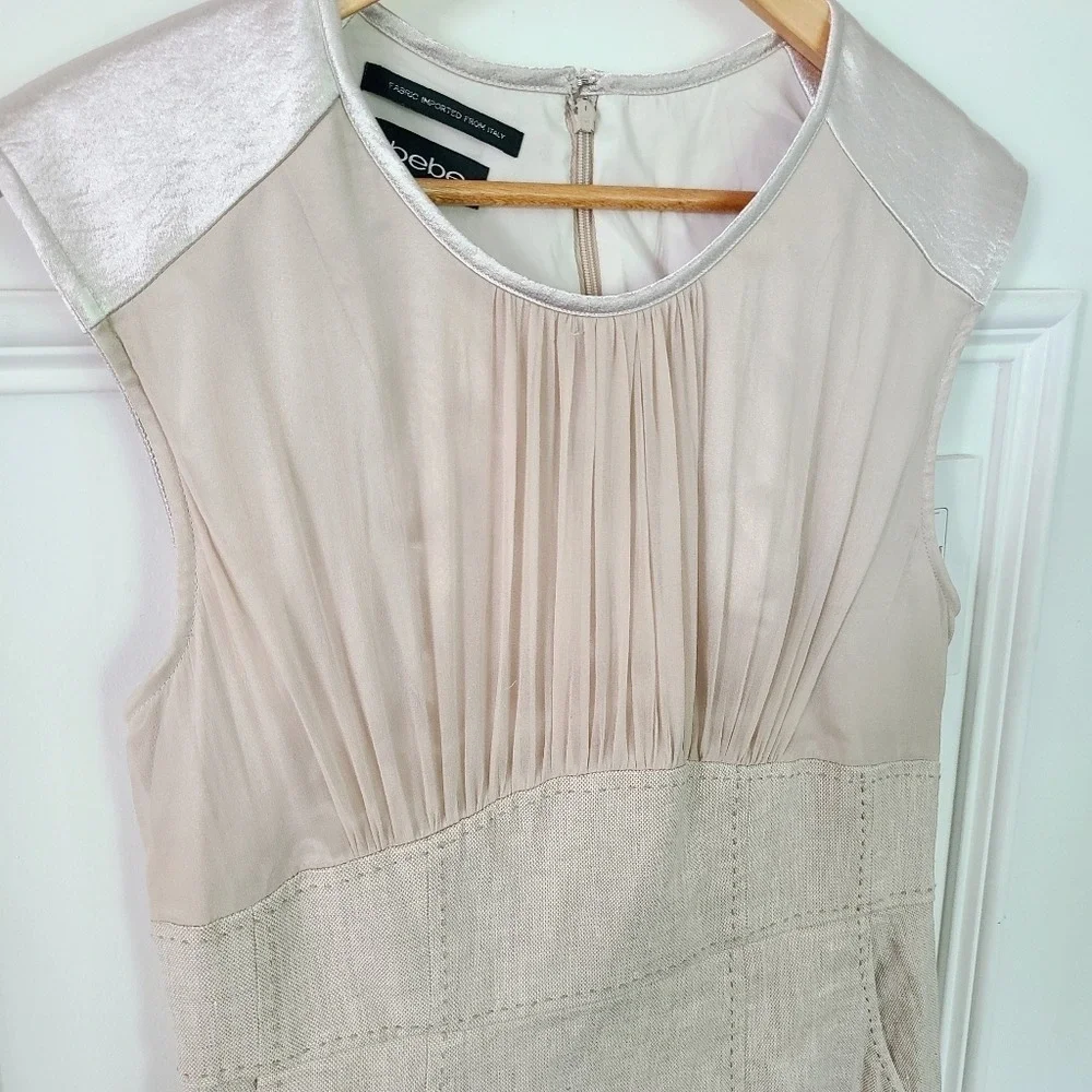 Bebe Beige Mixed Materials Gathered Bust Sheath Mini Dress 10‎ - Picture 2 of 7